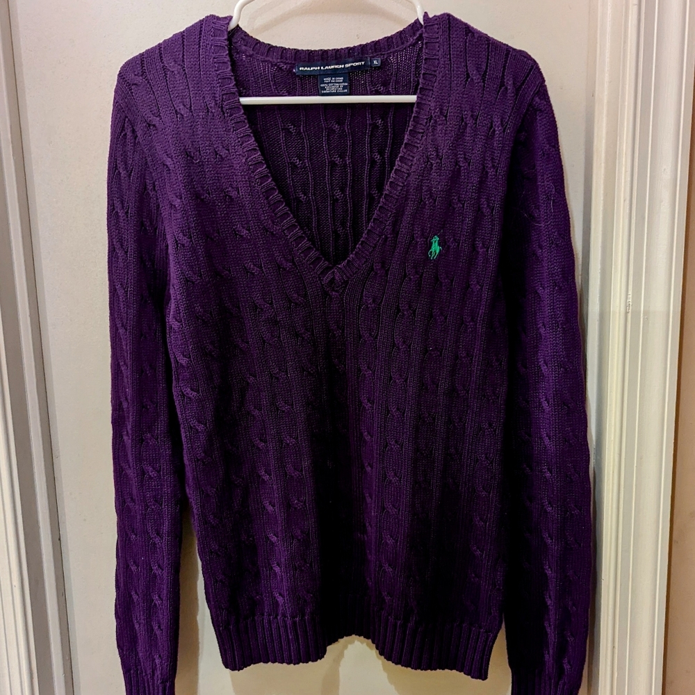 Ralph Lauren Sport Purple Cable V Neck Knit Sweater XL